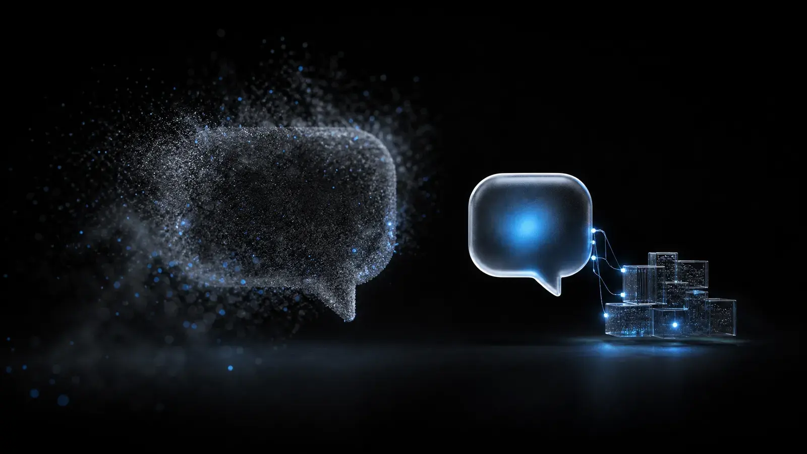 Two glass chat bubbles, one diffuse and made of grey particles, the other compact with a glowing blue core
