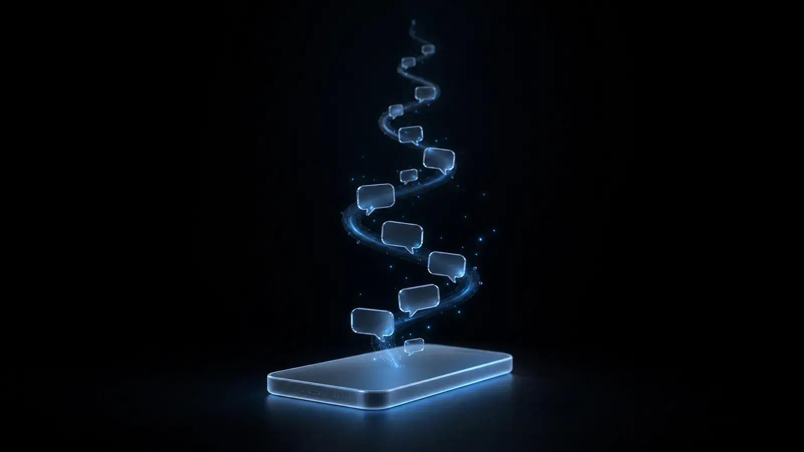 Glass smartphone silhouette with a spiral of small glowing message bubbles rising from it