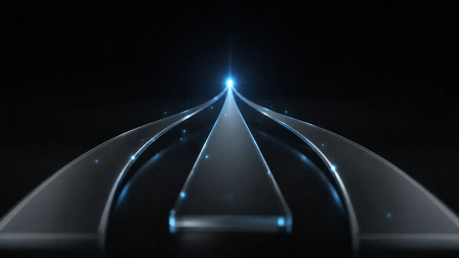 Three glass paths of different widths converging on a single point of light