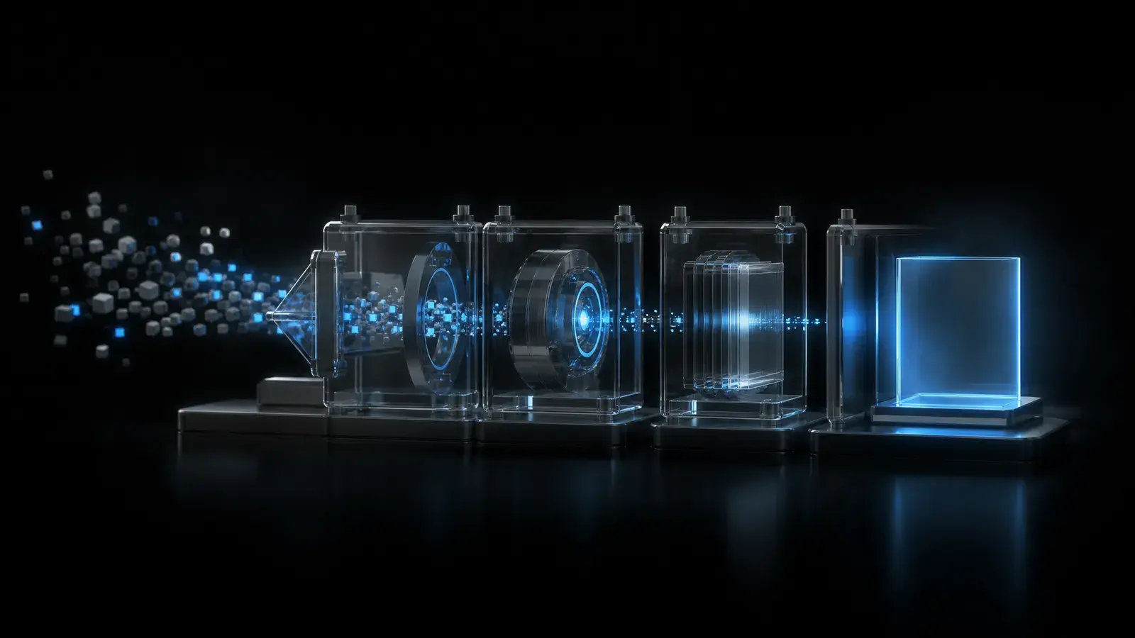 Glass assembly line where raw particles turn into a clear, glowing page