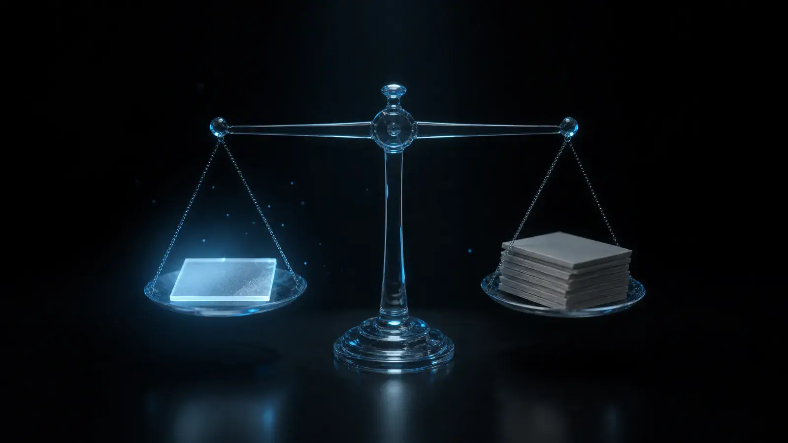 Glass scale balancing a glowing page against a pile of identical grey pages