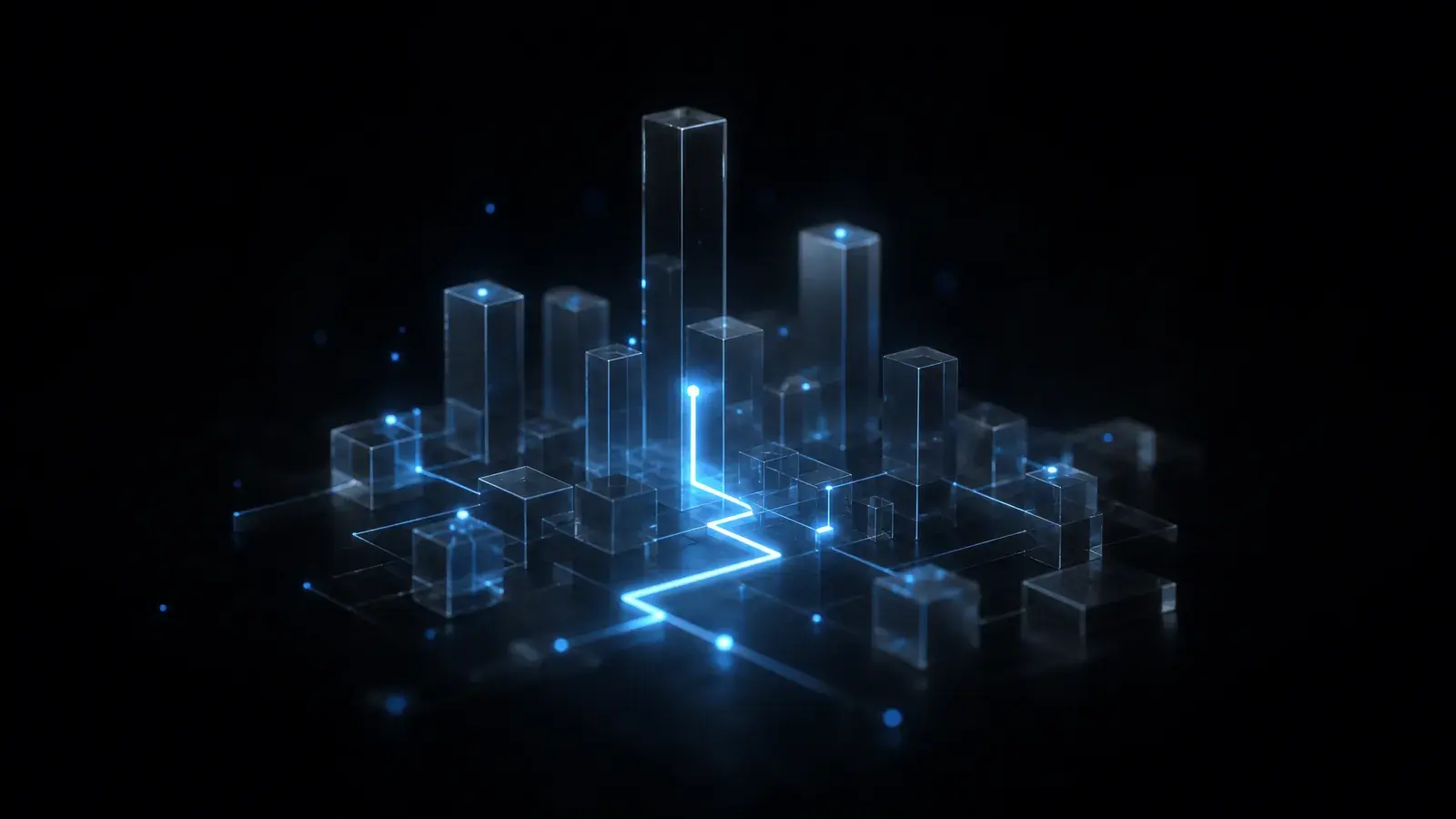 Abstract silhouette of glass buildings linked by lines of blue light