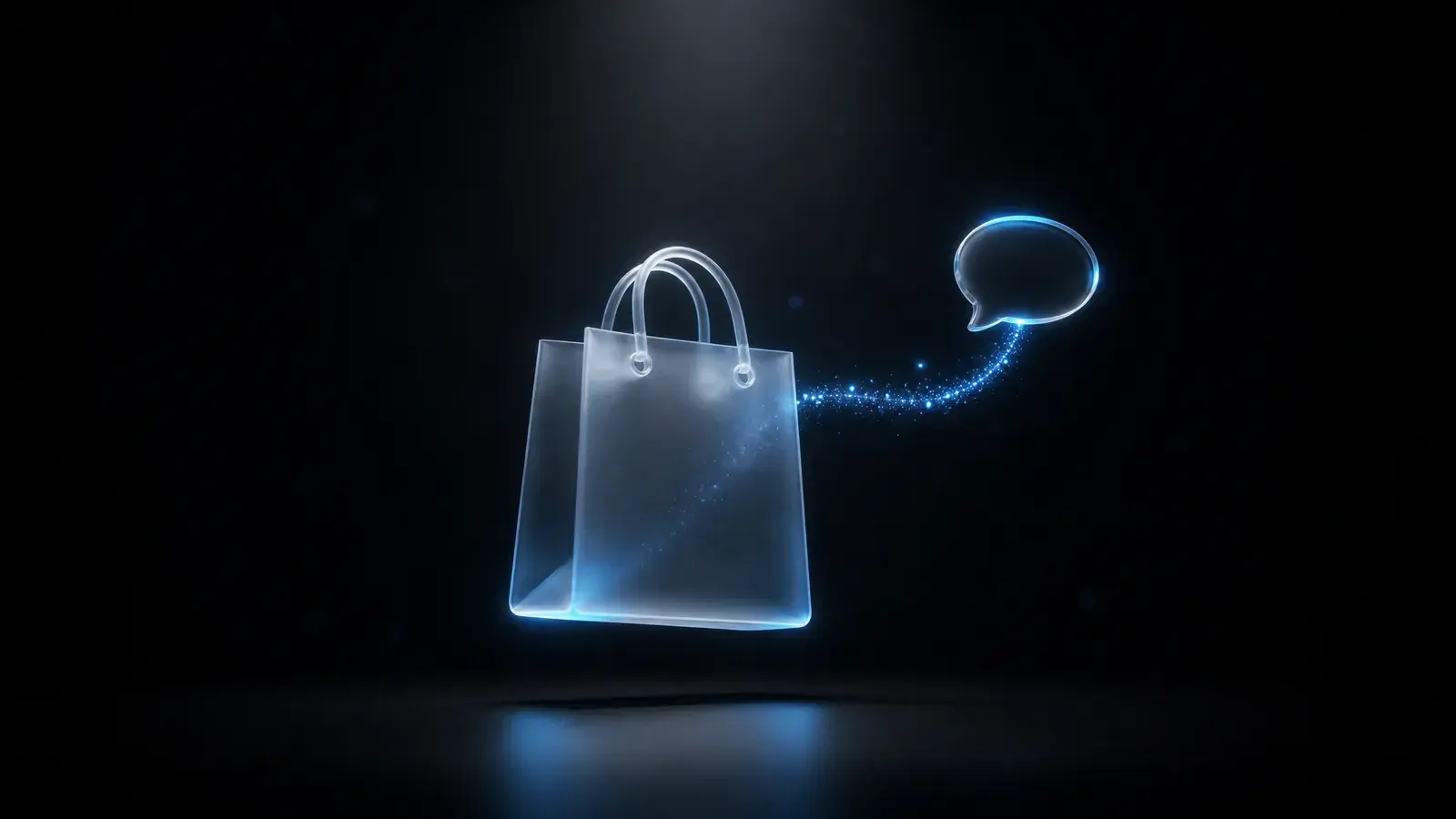 Sac de shopping en verre dépoli à côté d'une bulle de conversation, reliés par un fil de particules bleues