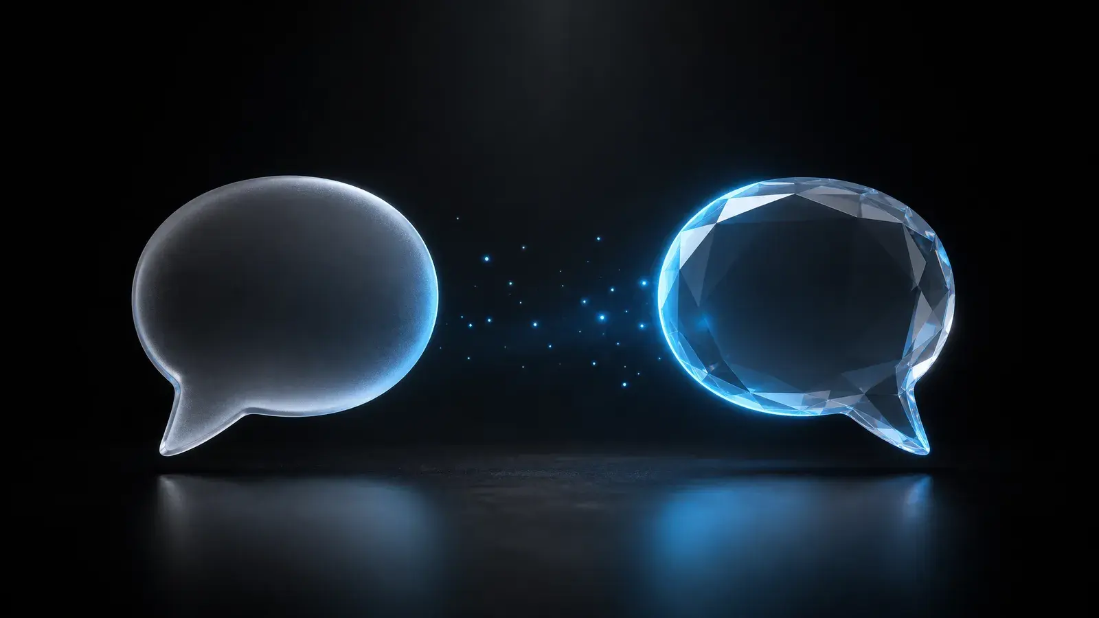 Two glass chat bubbles facing each other, one standard and one precisely shaped, on a dark background