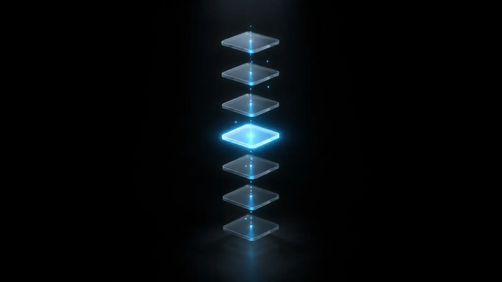 Colonne de petites plaques de verre lumineuses cochées une à une, reliées par un fil de particules bleues