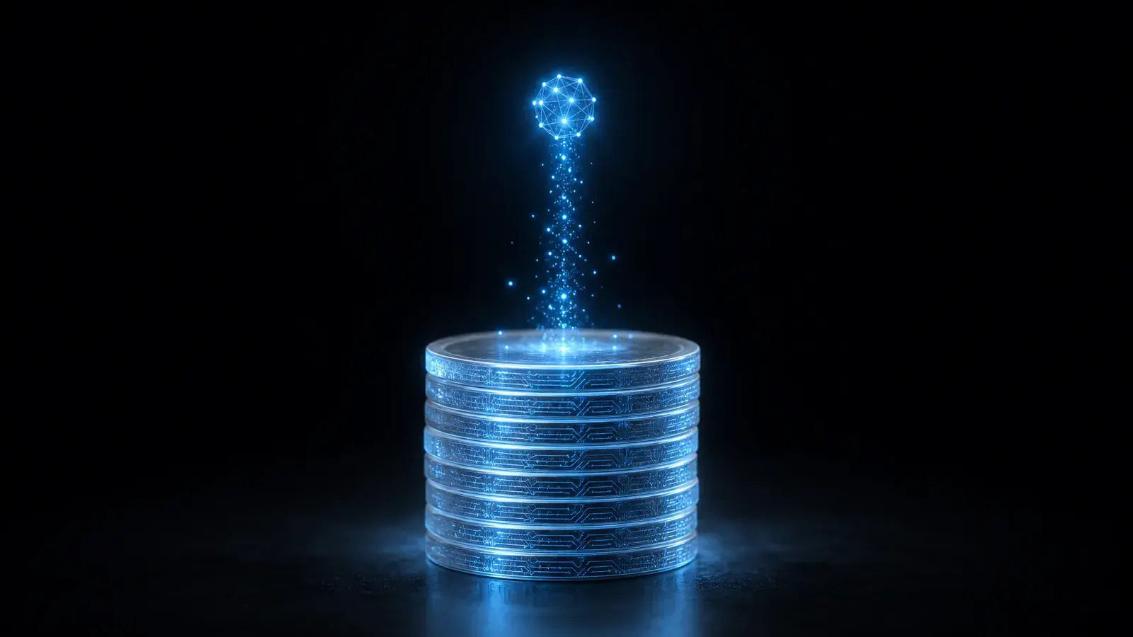 Stacked glowing glass coins forming a circuit, symbolizing funding for an AI project