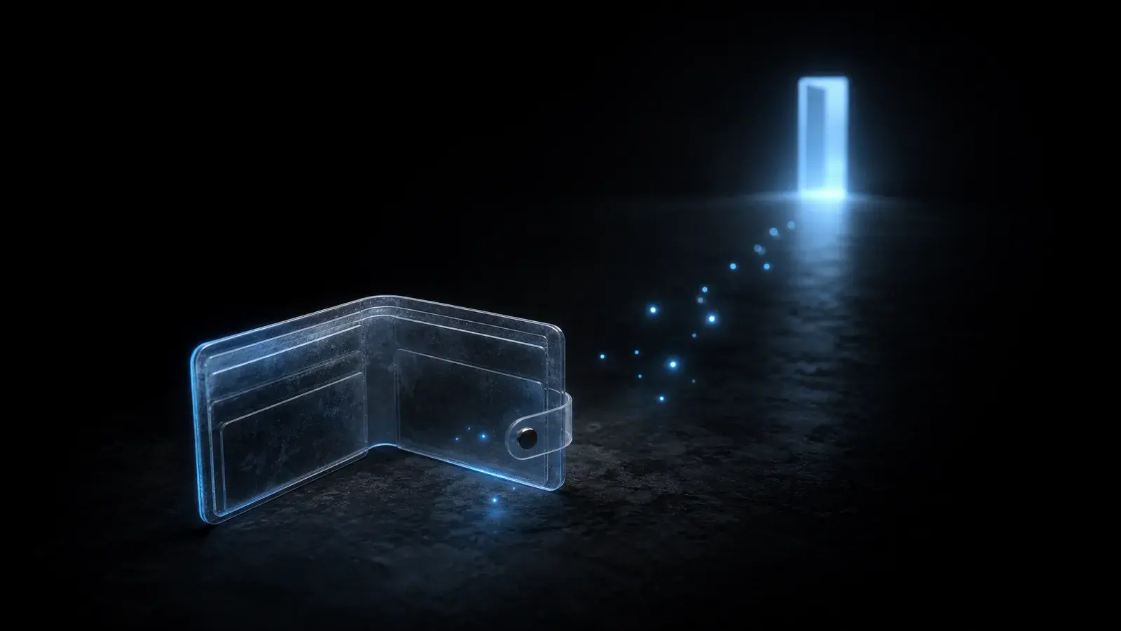 Frosted glass wallet releasing glowing blue particles
