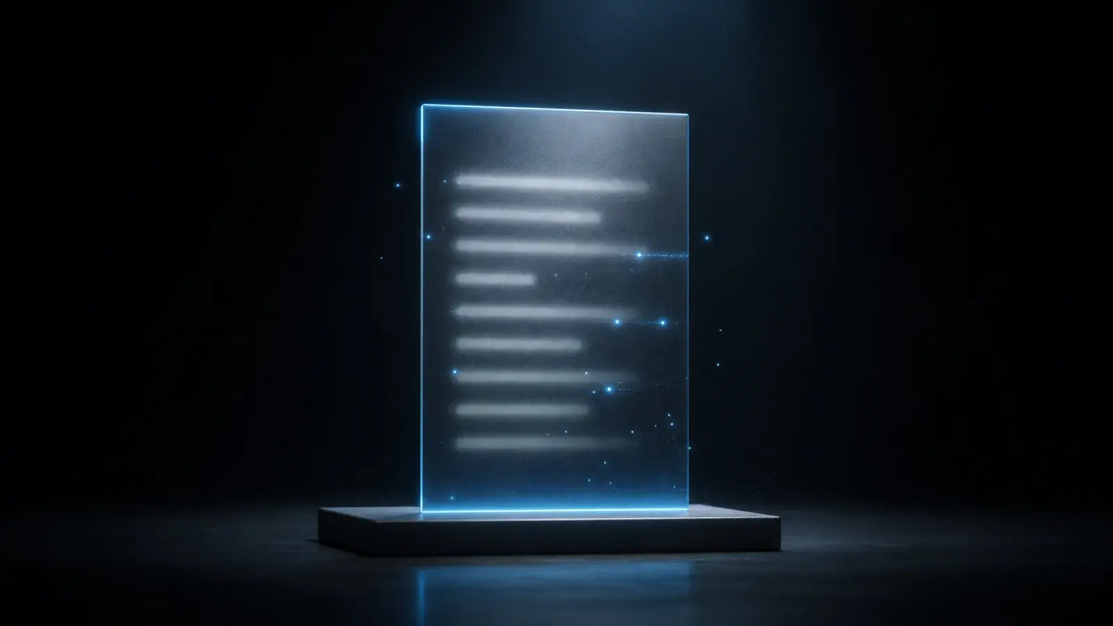 A thin sheet of glass on a pedestal, with neat lines of glowing particles flowing out of it