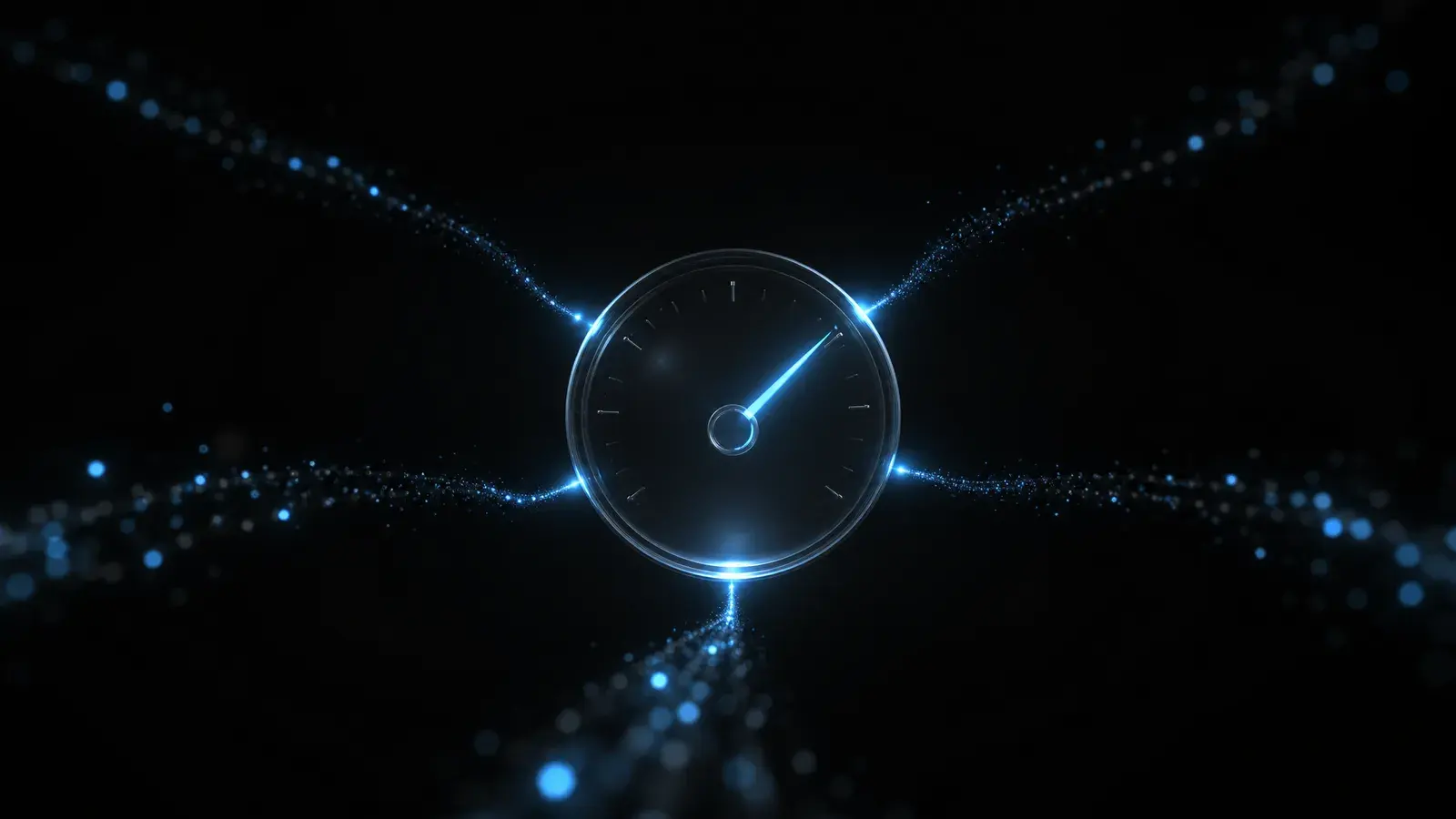 A translucent glass gauge whose glowing needle measures a stream of blue particles coming from several sources