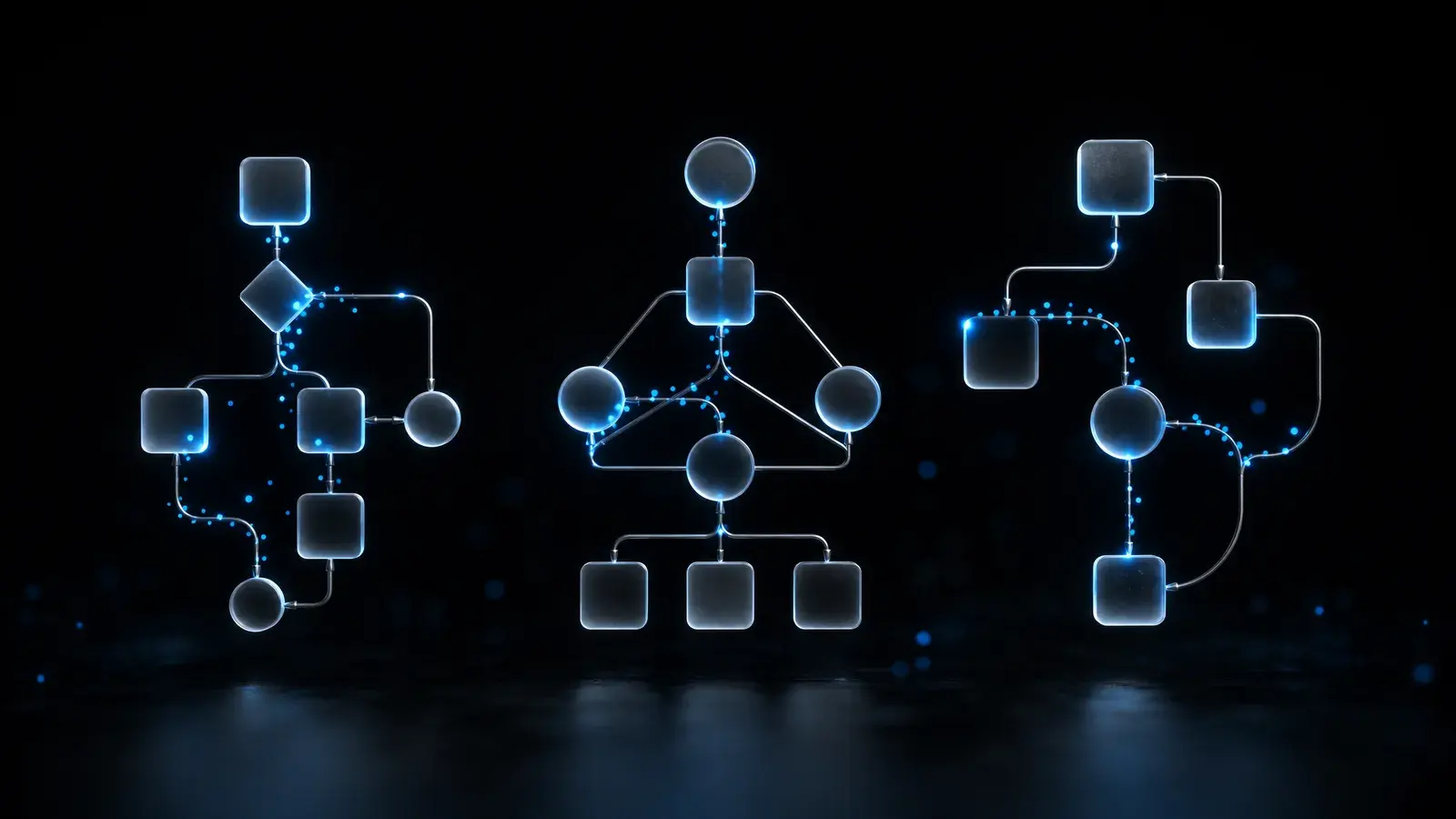 Three glass structures connected by streams of glowing particles, each one organized differently