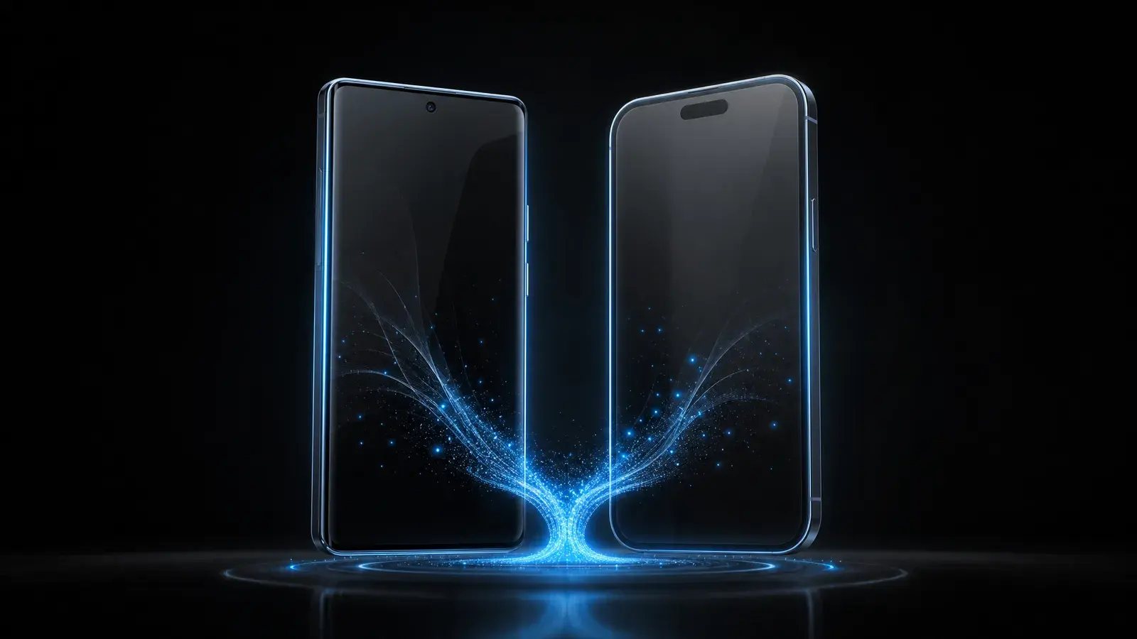 Two glass smartphones connected by a single stream of glowing particles