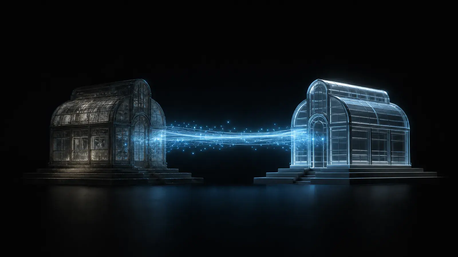 Pont de lumière reliant une ancienne structure de verre à une nouvelle, traversé par des particules