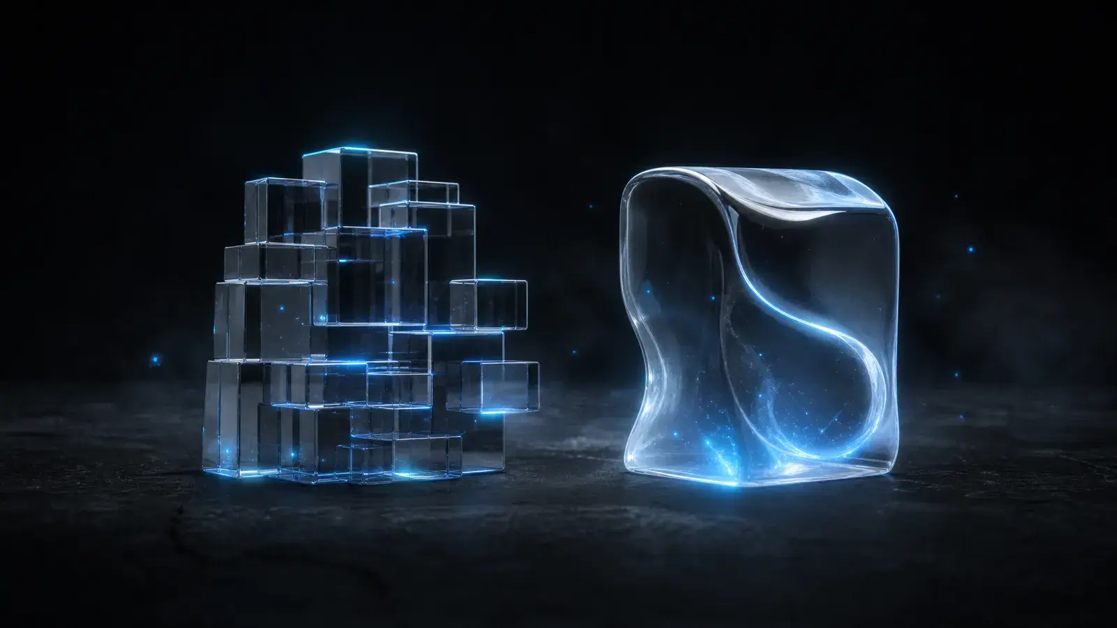 Two glass structures side by side, one made of modular blocks, the other carved from a single piece